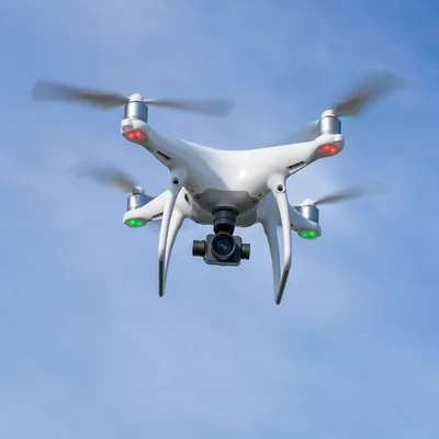 White Drone Flying in Clear Blue Sky