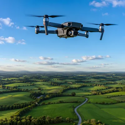 Aerial Drone Hovering Above Green Fields