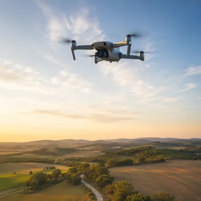 Camera Drone Hovering Over Rural Sunrise