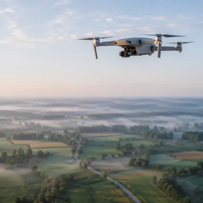 Camera Drone Hovering Above Morning Farmland
