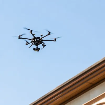 Professional Drone Hovering in Clear Blue Sky