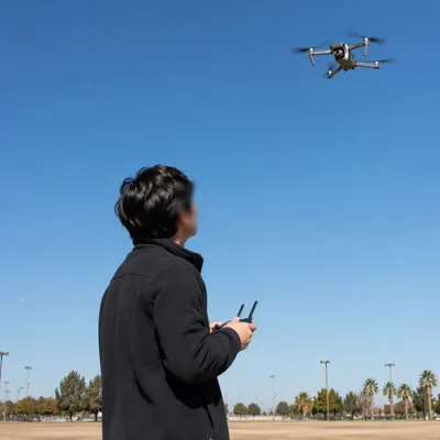 Drone Camera Hovering Over Clear Blue Sky
