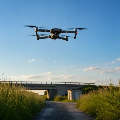 Quadcopter Drone Hovering Above Rural Road