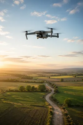 Camera Drone Hovering Above Rural Sunrise Fields