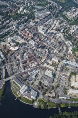 Aerial Drone View Over Modern City Center