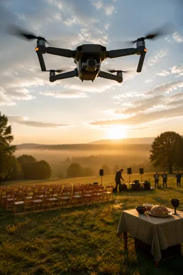 Quadcopter Drone Hovering Over Meadow Gathering