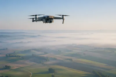 Camera Drone Hovering Above Morning Farmland
