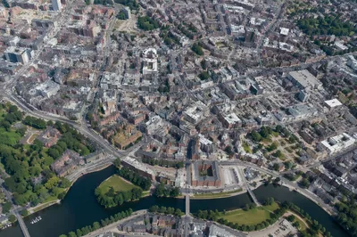 Aerial Drone View Over Modern City Center