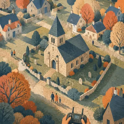 Aerial Drone View of Historic Village Church