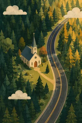 Aerial Countryside Church in Evergreen Forest