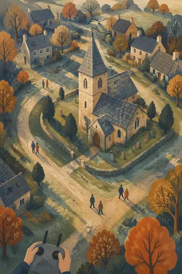 Aerial Drone View of Historic Village Church