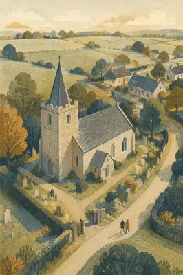 Aerial Church in Quiet Countryside Morning