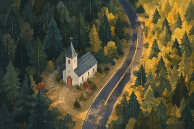 Aerial Countryside Church in Evergreen Forest