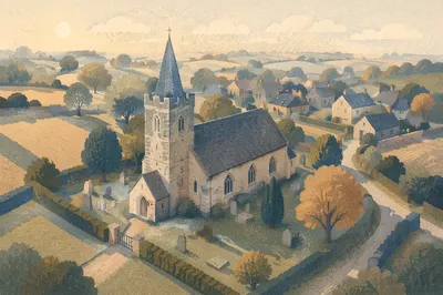 Aerial View of Countryside Stone Church