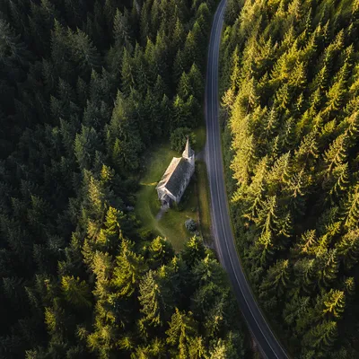 Aerial Countryside Church in Evergreen Forest
