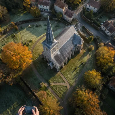 Aerial Drone View of Historic Stone Church