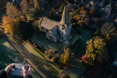 Aerial Drone View of Historic Stone Church