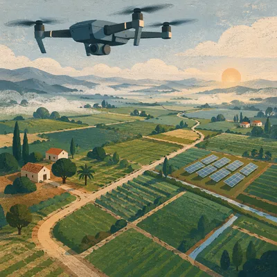 Drone Over Geometric Farmland at Dawn