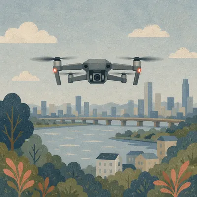 Drone Hovering Over Riverside Cityscape