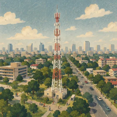 Aerial View of Urban Telecommunications Tower