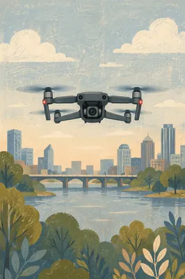 Hovering Quadcopter Over Riverside Cityscape