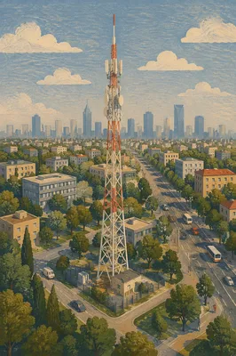 Aerial Telecommunications Tower Over Urban Park