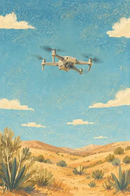 Drone Hovering Above Desert Landscape Sky