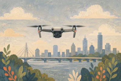Hovering Drone Over Riverside City Skyline