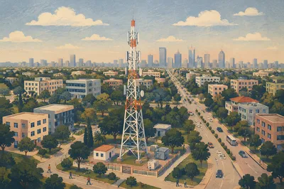 Aerial View of Telecommunications Tower in City Park