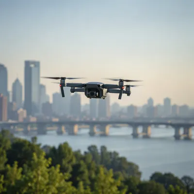 Front View Drone Over Riverside Skyline