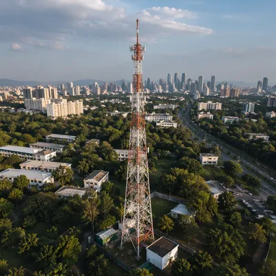 Aerial View of Urban Telecommunications Tower