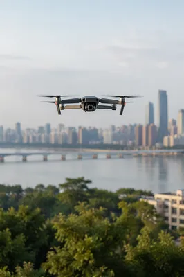 Hovering Drone Over Riverside Cityscape