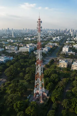 Aerial View of Urban Telecommunications Tower