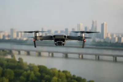 Hovering Drone Over Riverside City Skyline