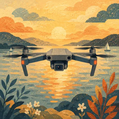 Drone Hovering Over Golden Hour Lake