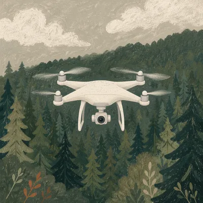 White Drone Hovering Over Evergreen Forest