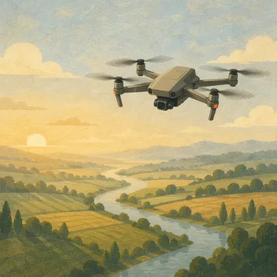 Drone Hovering Over Rural Morning Landscape
