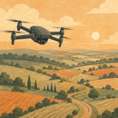 Drone Hovering Above Golden Hour Farmland