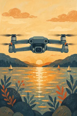 Drone Hovering Over Golden Lake Landscape
