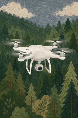 White Drone Hovering Over Evergreen Forest