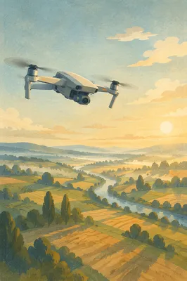 Drone Hovering Above Misty Rural Landscape