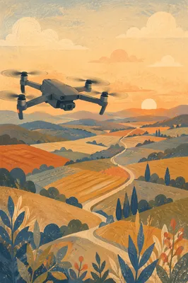 Drone Hovering Over Golden Rural Landscape