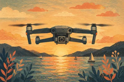 Drone Hovering Over Golden Lake Landscape