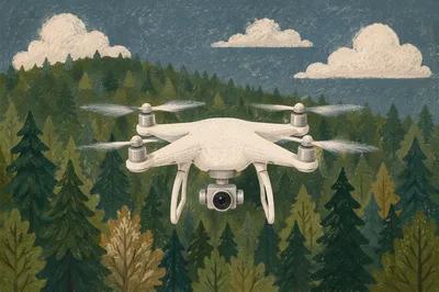 White Drone Hovering Over Evergreen Forest