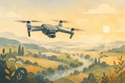 Drone Over Rural Landscape at Sunrise
