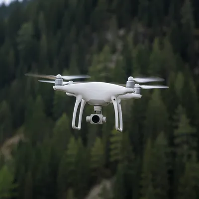 White Drone Hovering Above Evergreen Forest