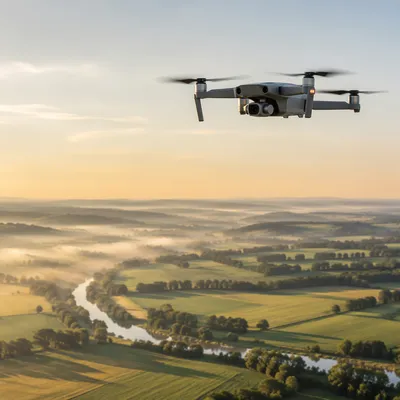 Drone Hovering Over Rural Landscape at Dawn