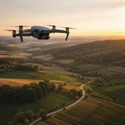 Drone Hovering Above Golden Hour Farmland