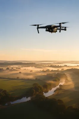 Drone Hovering Above Rural Morning Landscape