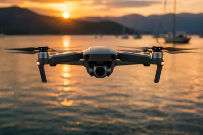 Drone Hovering Over Golden Hour Lake